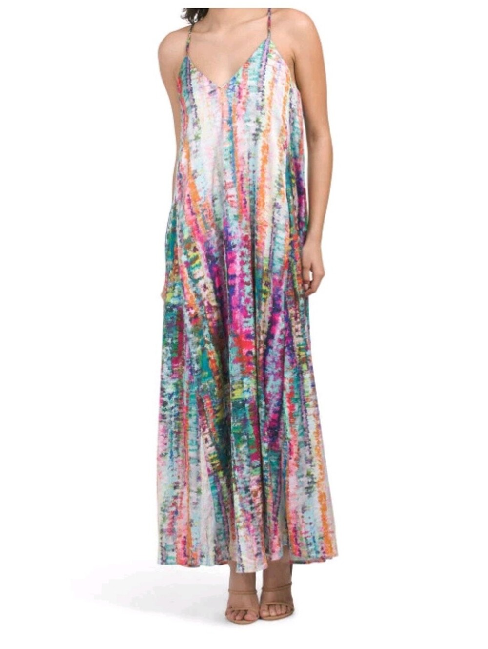 Nicole Miller Watercolor Multicolor Maxi Tank Dress Built-in Bra Beachy Summer